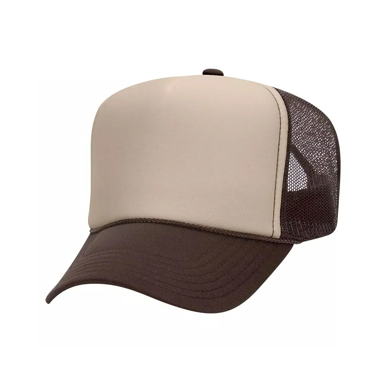 5 Panel High Crown Polyester Foam Front Mesh Back Trucker Hat (Tri-Tone)