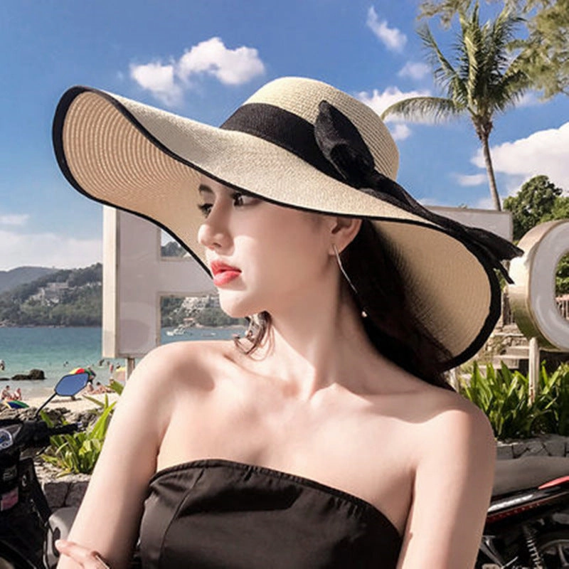Beach Straw Hat Wide-Brim UV Protection Foldable with Bow spring-straw-hat
