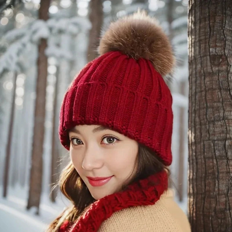 Bonnet Femme en Maille Classique avec Pompon - Glacie