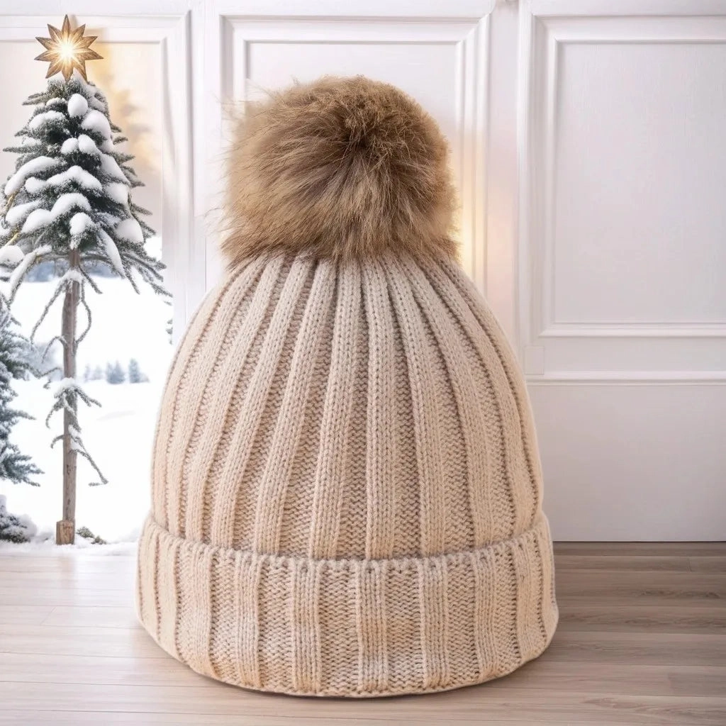 Bonnet Femme en Maille Classique avec Pompon - Glacie