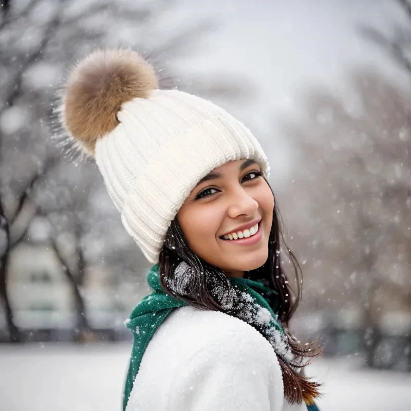 Bonnet Femme en Maille Classique avec Pompon - Glacie