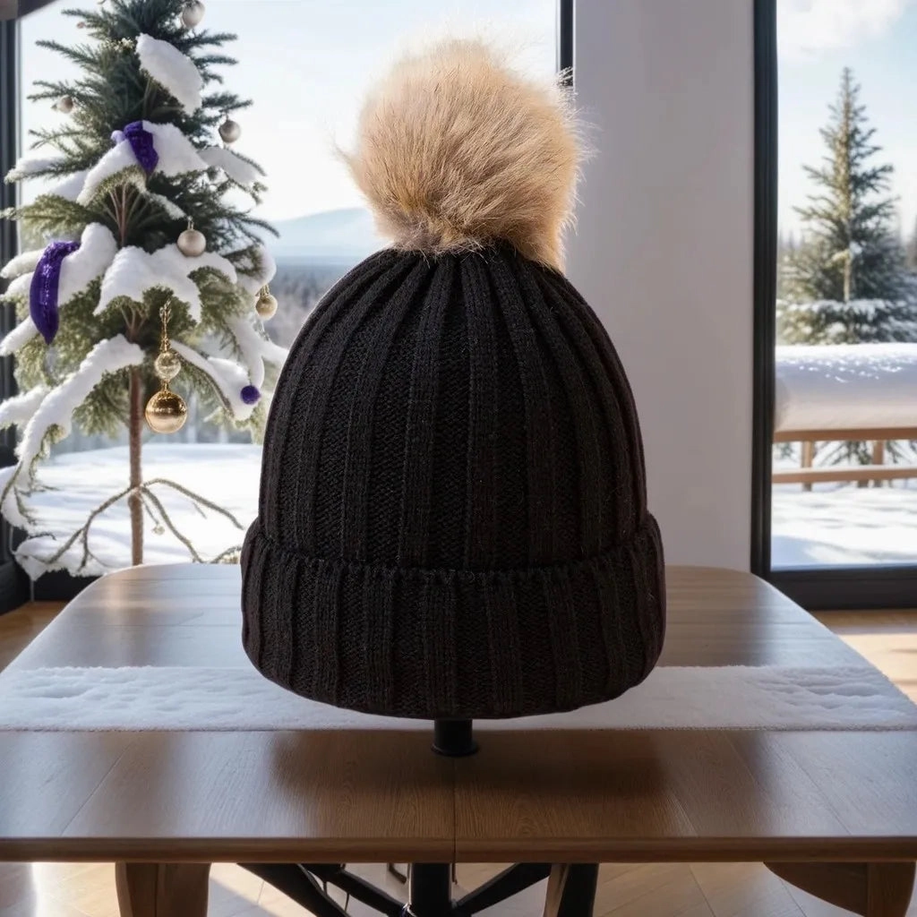 Bonnet Femme en Maille Classique avec Pompon - Glacie