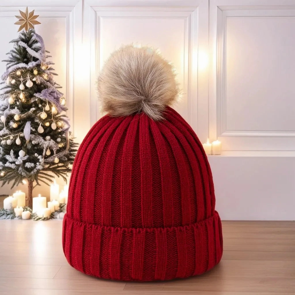 Bonnet Femme en Maille Classique avec Pompon - Glacie