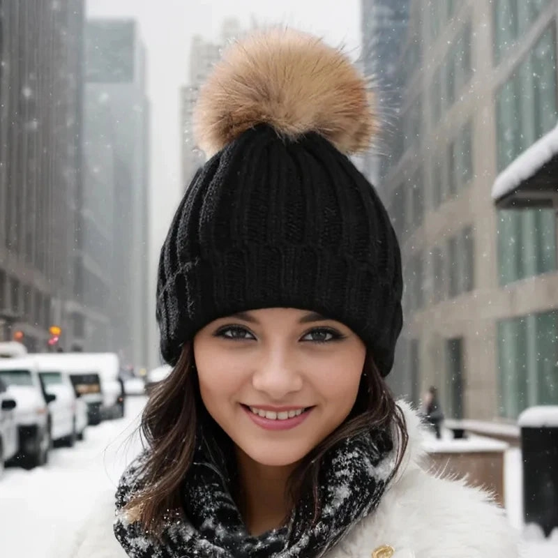 Bonnet Femme en Maille Classique avec Pompon - Glacie