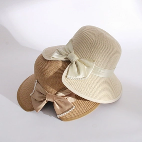Bow Sun Hat Women Fashion Straw Korean Pearl Wide Brim UV Fisherman spring-straw-hat