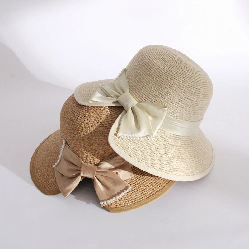 Bow Sun Hat Women Fashion Straw Korean Pearl Wide Brim UV Fisherman spring-straw-hat