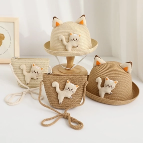 Cat Straw Hat Animal Bag Set Sun Protection Cute Travel Kids Fisherman spring-straw-hat
