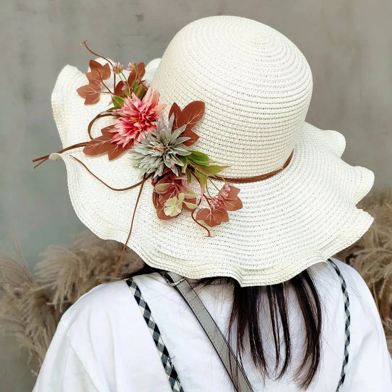 Chapeau de Paille Femme  Fleur Large Bord - Wavym