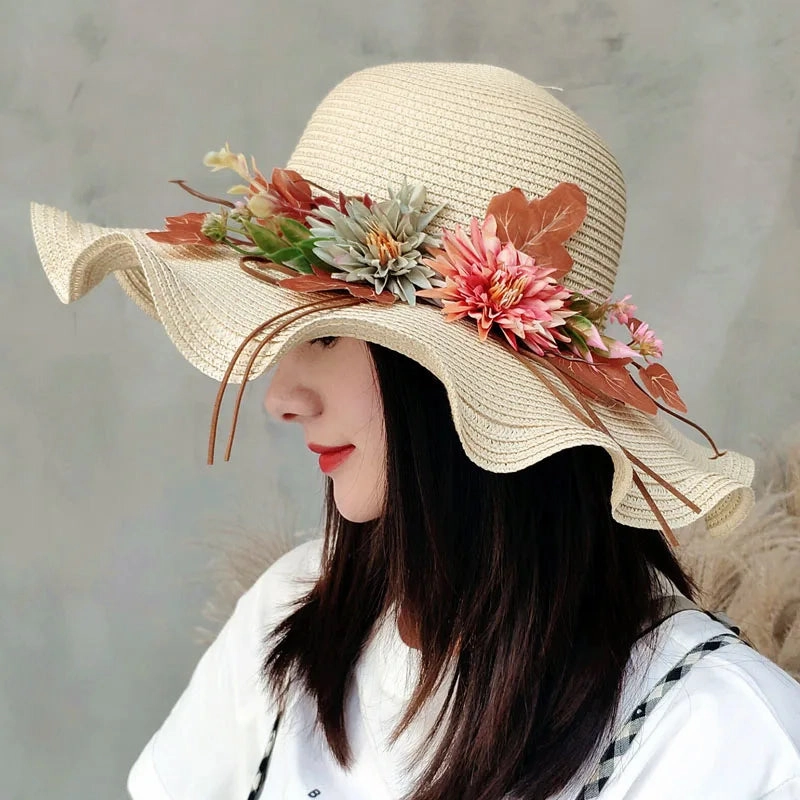 Chapeau de Paille Femme  Fleur Large Bord - Wavym