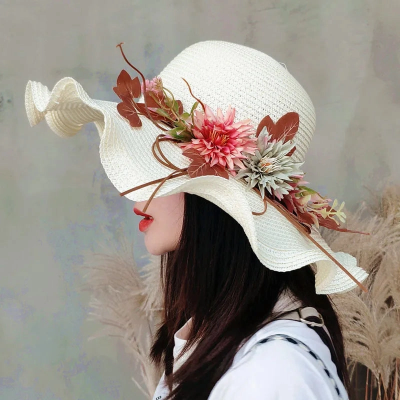 Chapeau de Paille Femme  Fleur Large Bord - Wavym