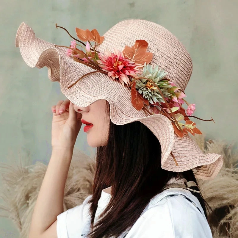 Chapeau de Paille Femme  Fleur Large Bord - Wavym