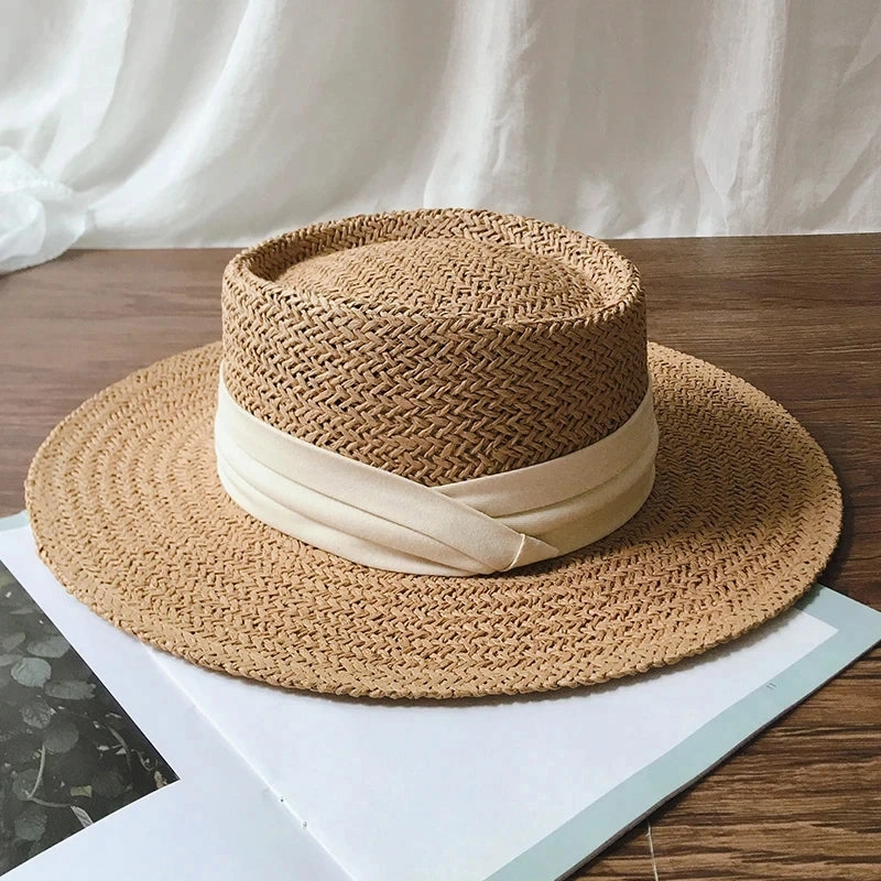 Chapeau de Paille Style Canotier C Bord Plat et Ruban