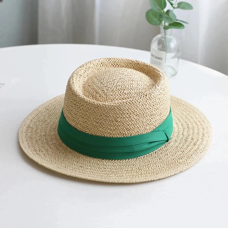 Chapeau de Paille Style Canotier C Bord Plat et Ruban