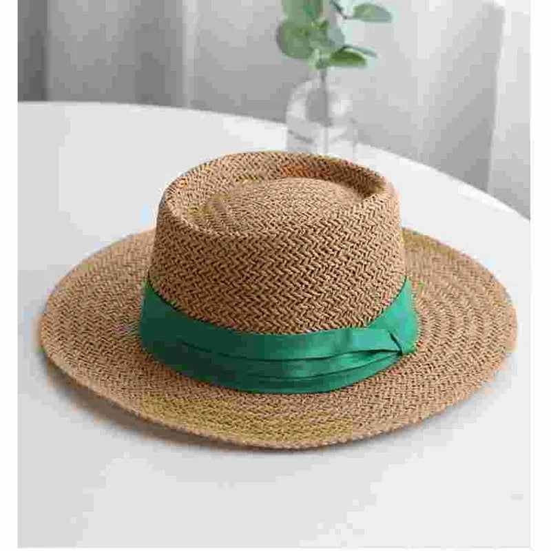 Chapeau de Paille Style Canotier C Bord Plat et Ruban