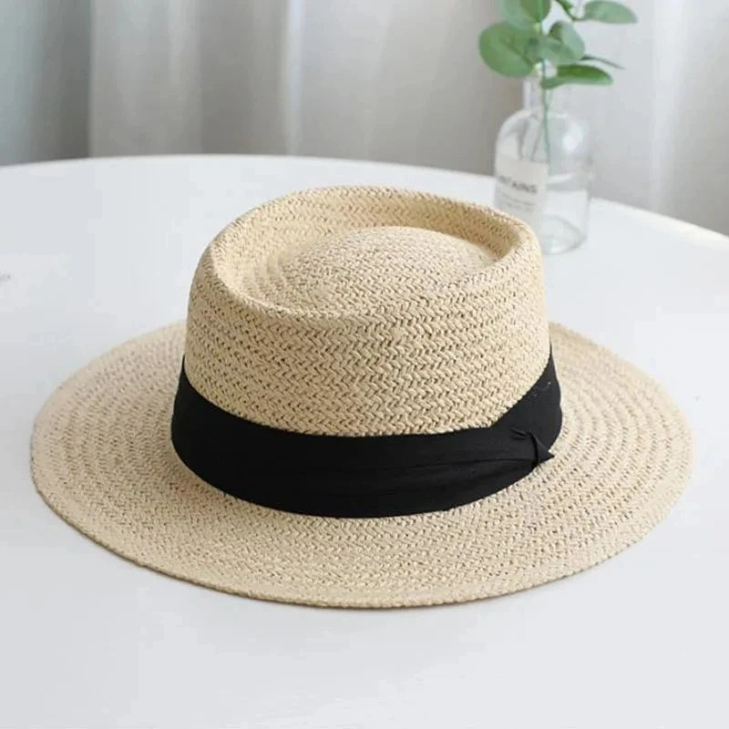 Chapeau de Paille Style Canotier C Bord Plat et Ruban