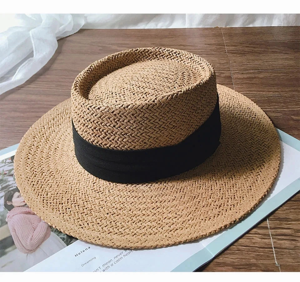 Chapeau de Paille Style Canotier C Bord Plat et Ruban