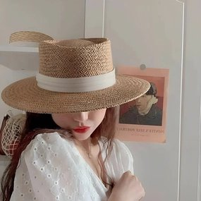 Chapeau de Paille Style Canotier C Bord Plat et Ruban spring-straw-hat
