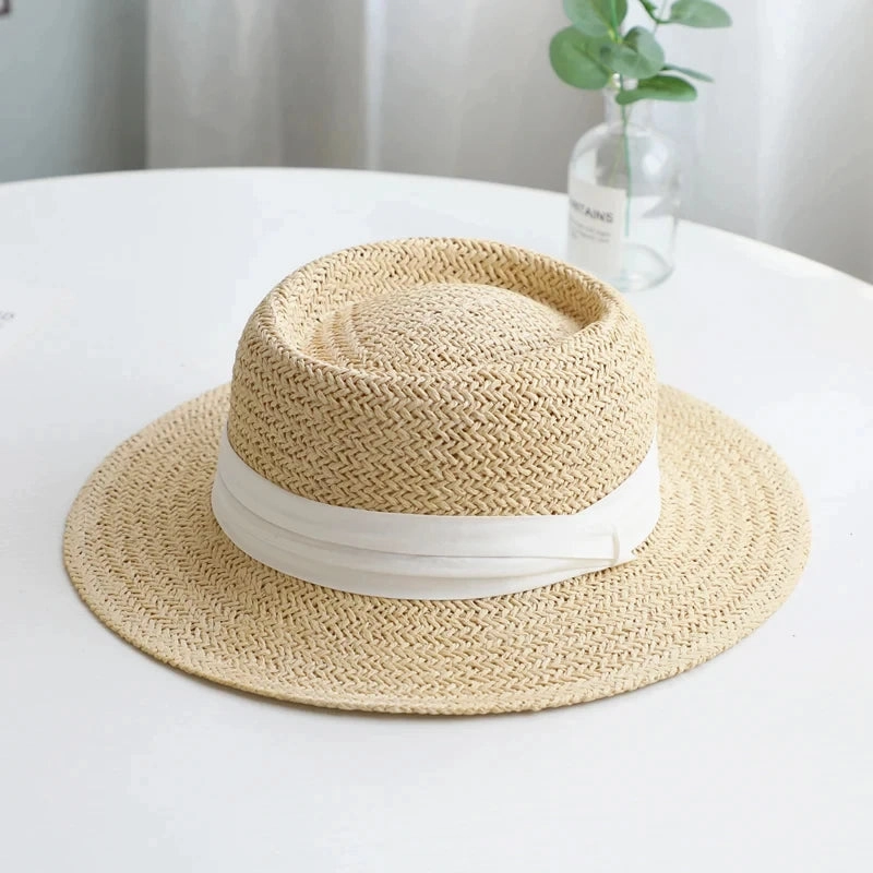 Chapeau de Paille Style Canotier C Bord Plat et Ruban