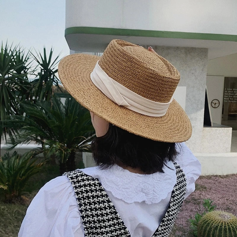 Chapeau de Paille Style Canotier C Bord Plat et Ruban