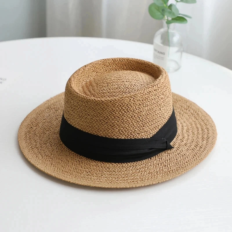 Chapeau de Paille Style Canotier C Bord Plat et Ruban