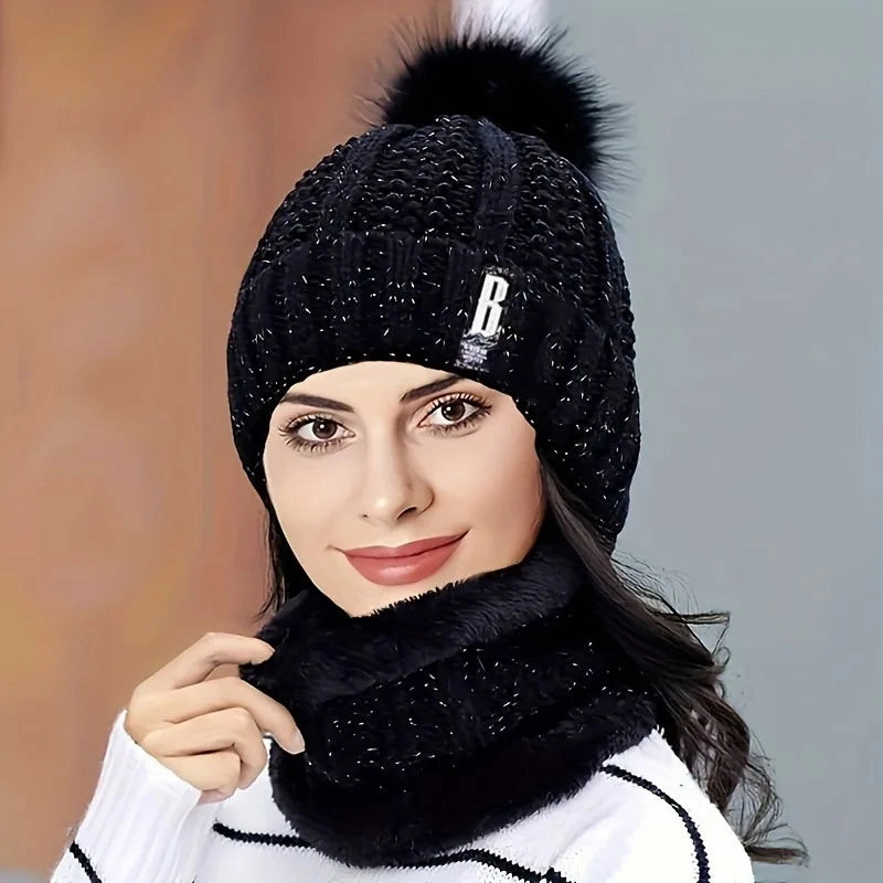 Ensemble Bonnet Femme Pompon en Maille & charpe paisse