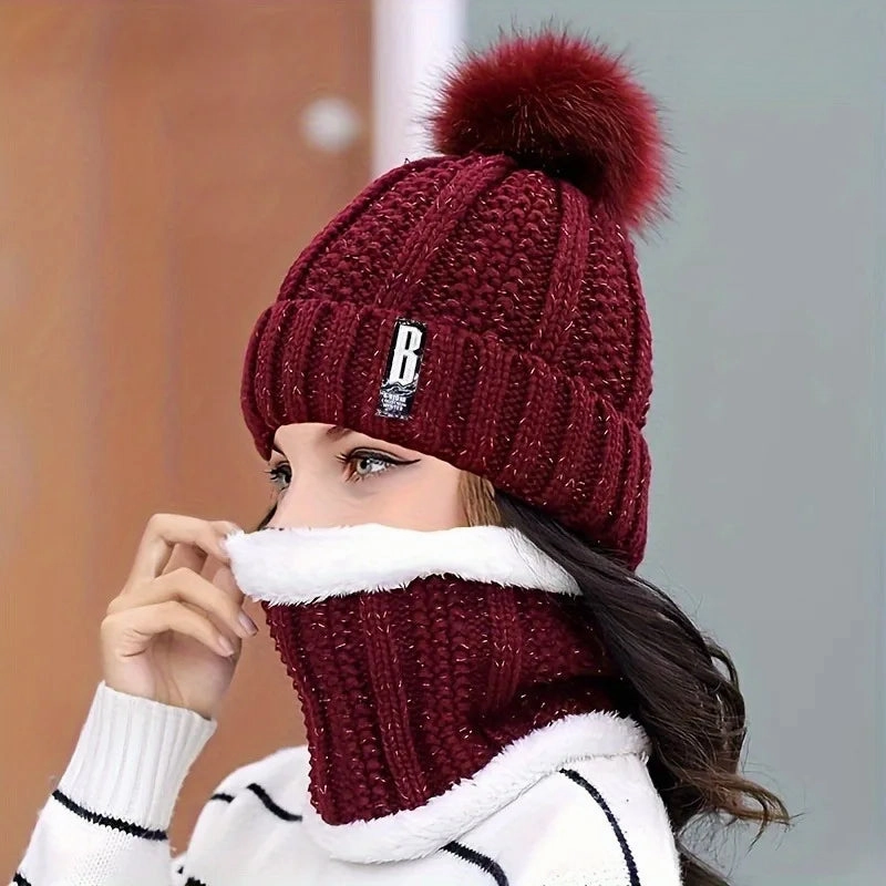 Ensemble Bonnet Femme Pompon en Maille & charpe paisse