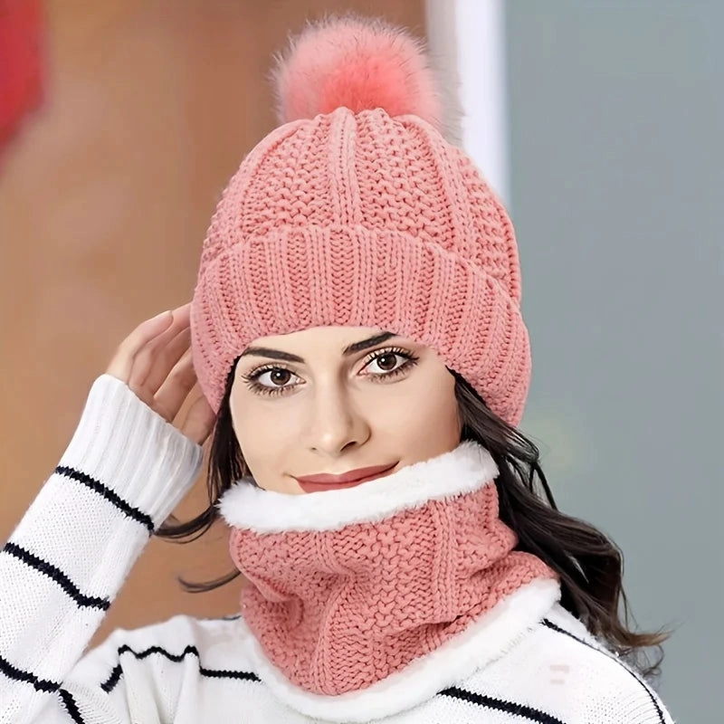 Ensemble Bonnet Femme Pompon en Maille & charpe paisse