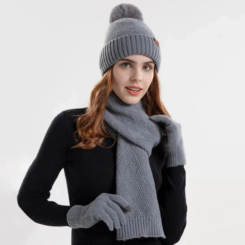 Ensemble Femme Bonnet, charpe et Gants en tricot