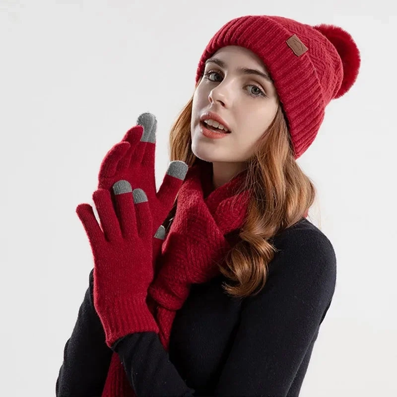 Ensemble Femme Bonnet, charpe et Gants en tricot