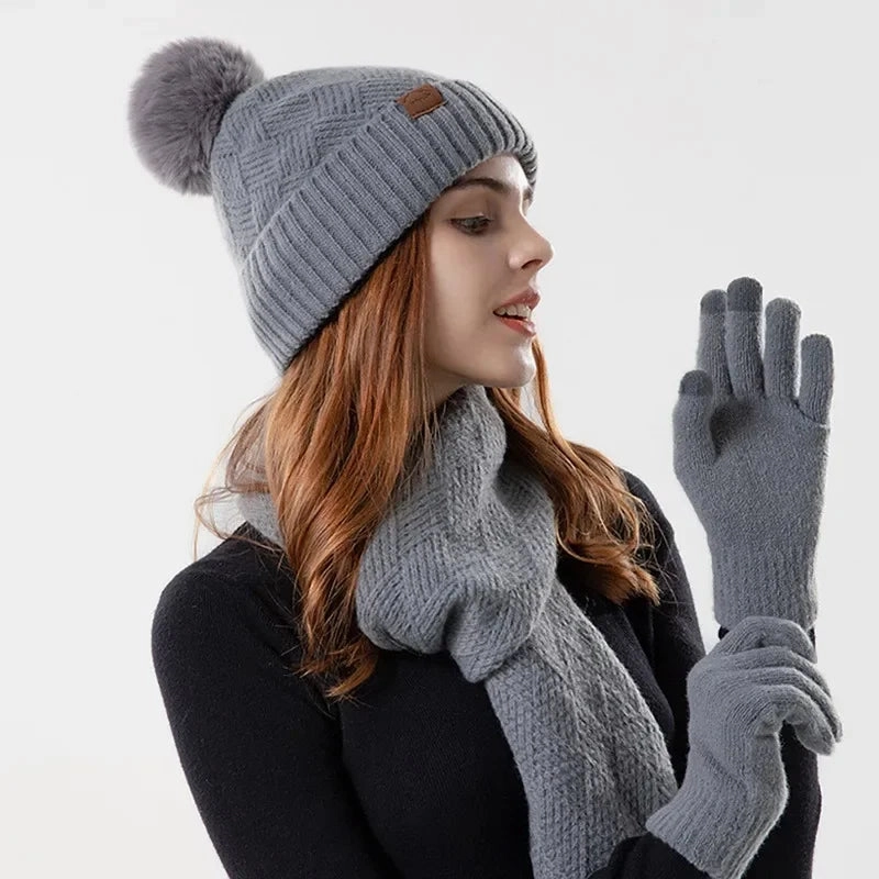 Ensemble Femme Bonnet, charpe et Gants en tricot