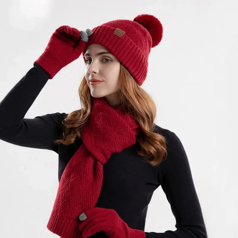 Ensemble Femme Bonnet, charpe et Gants en tricot