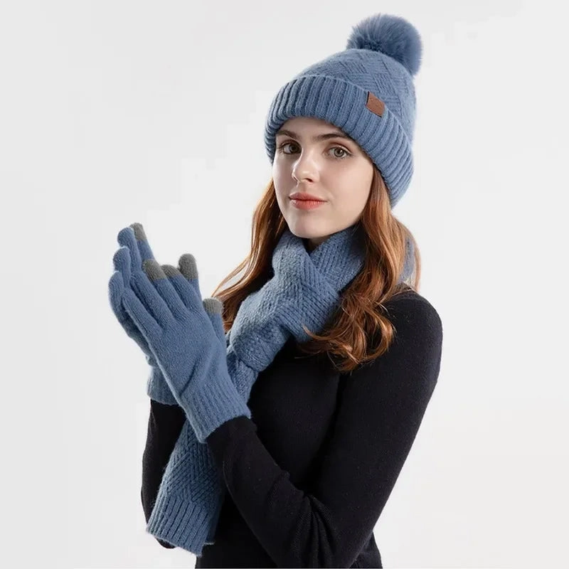 Ensemble Femme Bonnet, charpe et Gants en tricot