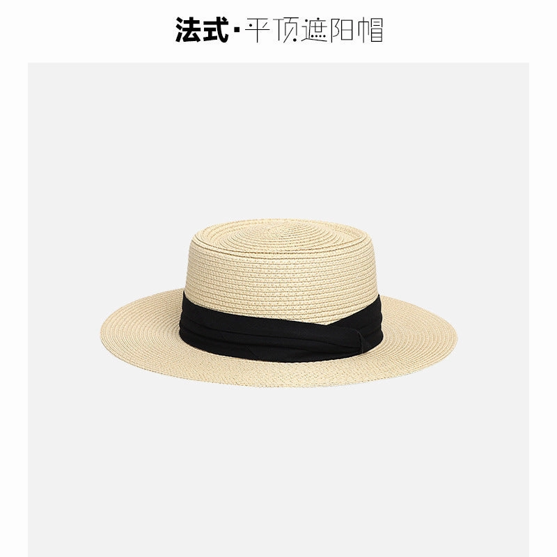 Flat-Top Straw Hat French-Style Summer Wide-Brim Sun Hat