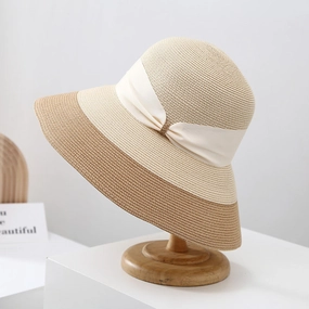 French Vintage Black-White Straw Hat Women Spring Summer Travel Wide Brim UV spring-straw-hat