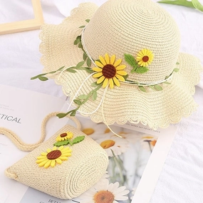 Girls' Beach Princess Hat Floral Straw Bag Set Sun Summer Cool spring-straw-hat