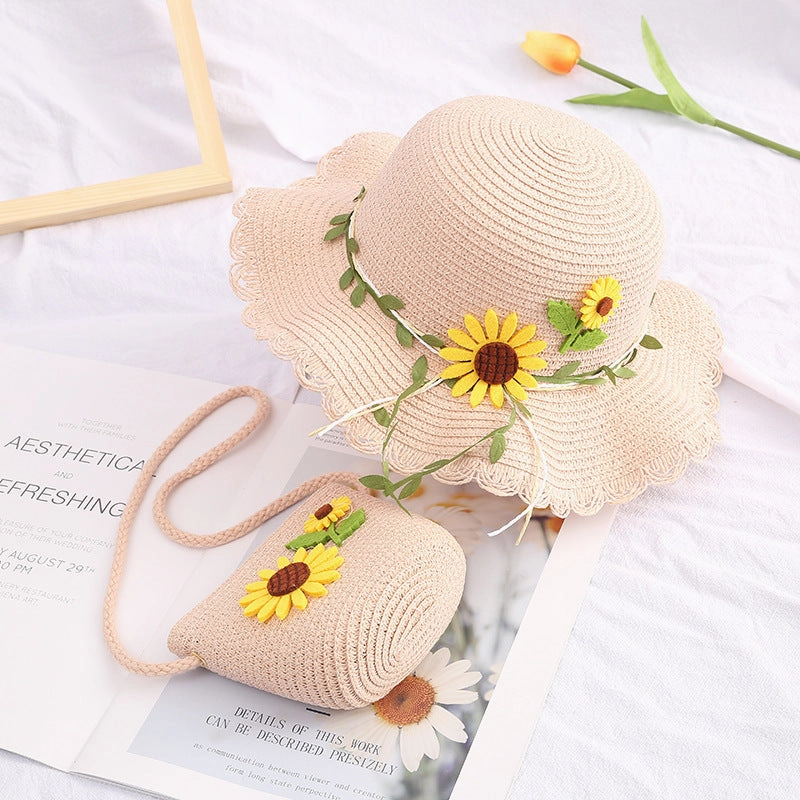 Girls' Beach Princess Hat Floral Straw Bag Set Sun Summer Cool