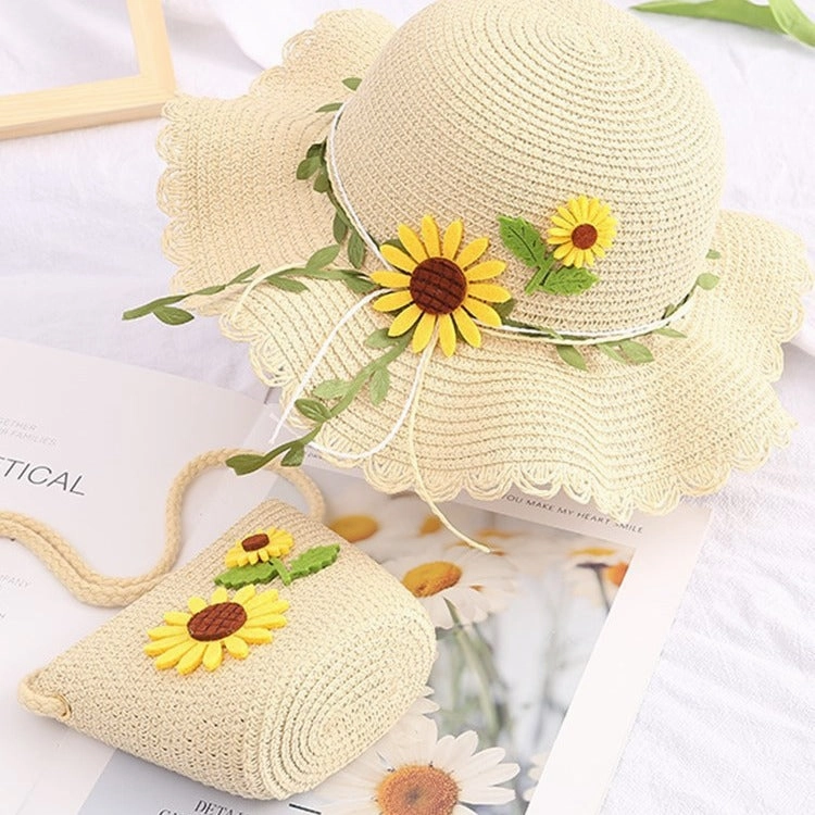 Girls' Beach Princess Hat Floral Straw Bag Set Sun Summer Cool spring-straw-hat