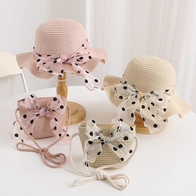 Girls' Polka Dot Bow Kids Bag Straw Beach Sun Hat spring-straw-hat