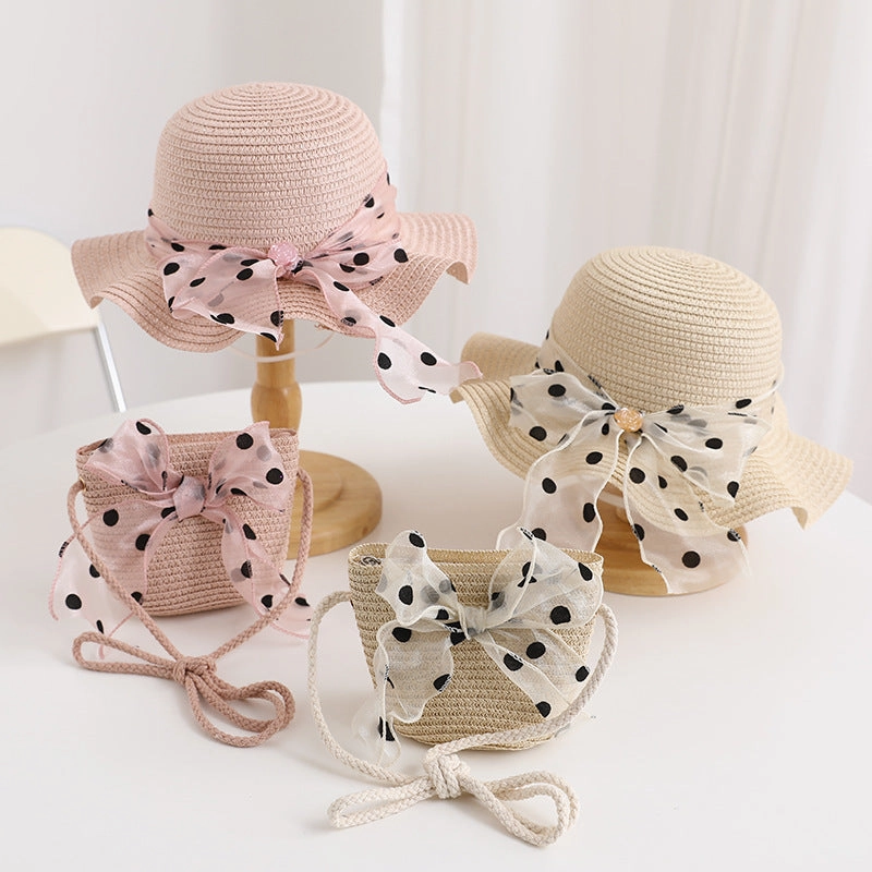 Girls' Polka Dot Bow Kids Bag Straw Beach Sun Hat spring-straw-hat