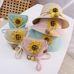 Girls' Summer Fisherman Straw Bag Set Stylish Cute Floral Sun Protection spring-straw-hat