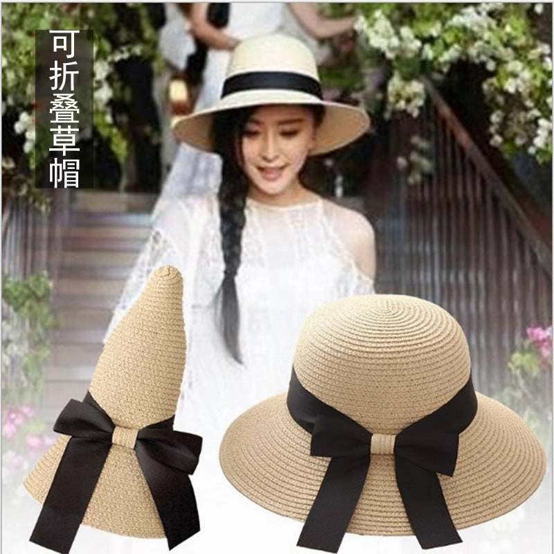 Influencer Style Straw Hat Women UV Beach Versatile Foldable Sun Outdoor Sand Bow spring-straw-hat