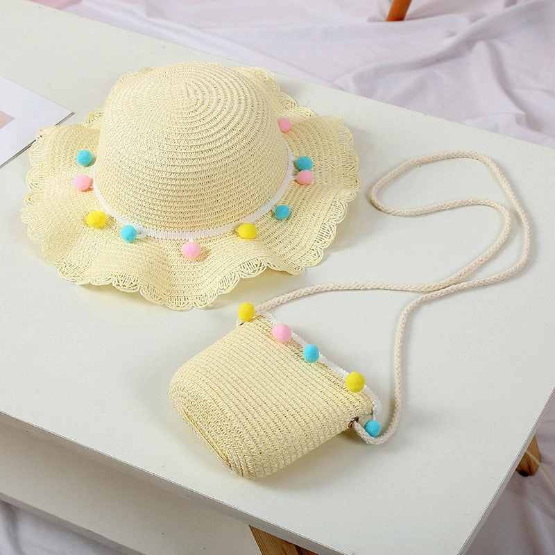 Kids Cool Hat Beaded Bag Sun Hat Girls' Summer Beach Wave Straw Wholesale