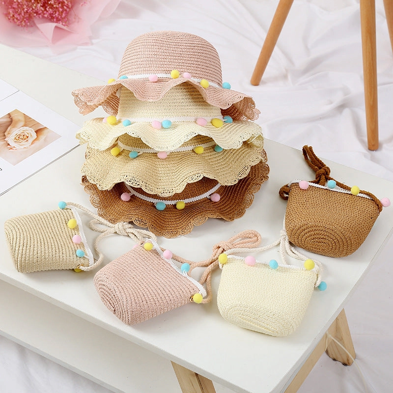 Kids Cool Hat Beaded Bag Sun Hat Girls' Summer Beach Wave Straw Wholesale spring-straw-hat
