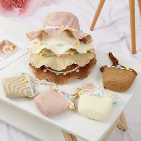 Kids Cool Hat Beaded Bag Sun Hat Girls' Summer Beach Wave Straw Wholesale spring-straw-hat