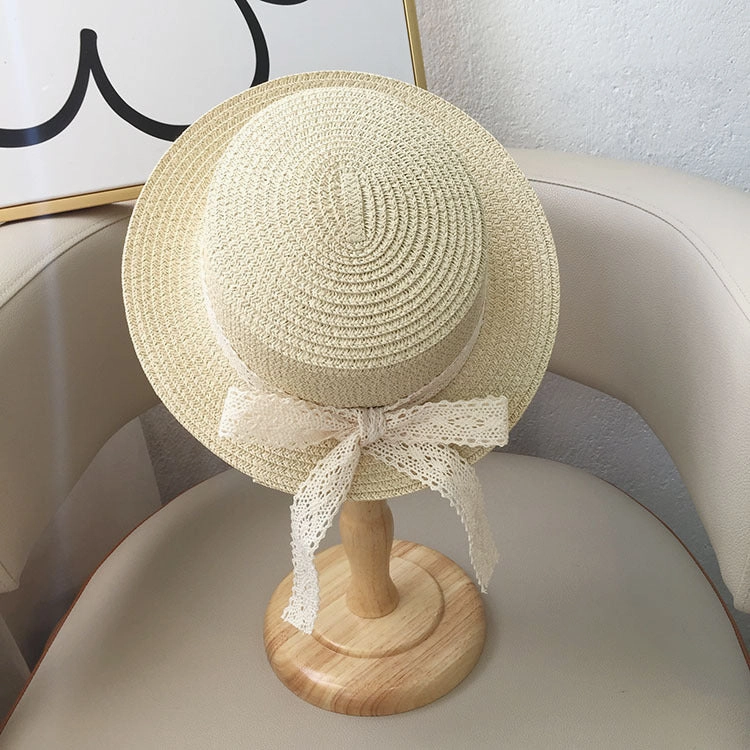 Kids Lace Bow Sun Hat Summer Wide-Brim UV-Protection Beach Hat