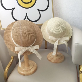 Kids Lace Bow Sun Hat Summer Wide-Brim UV-Protection Beach Hat spring-straw-hat