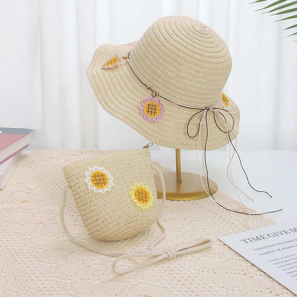 Kids Lace Straw Hat 2-Piece Set Summer Sun Protection