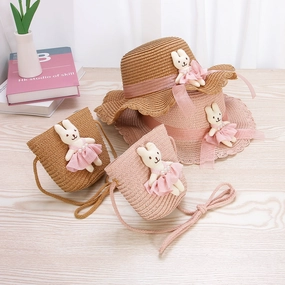 Kids Straw Lace Bow Hat & Bag Set spring-straw-hat