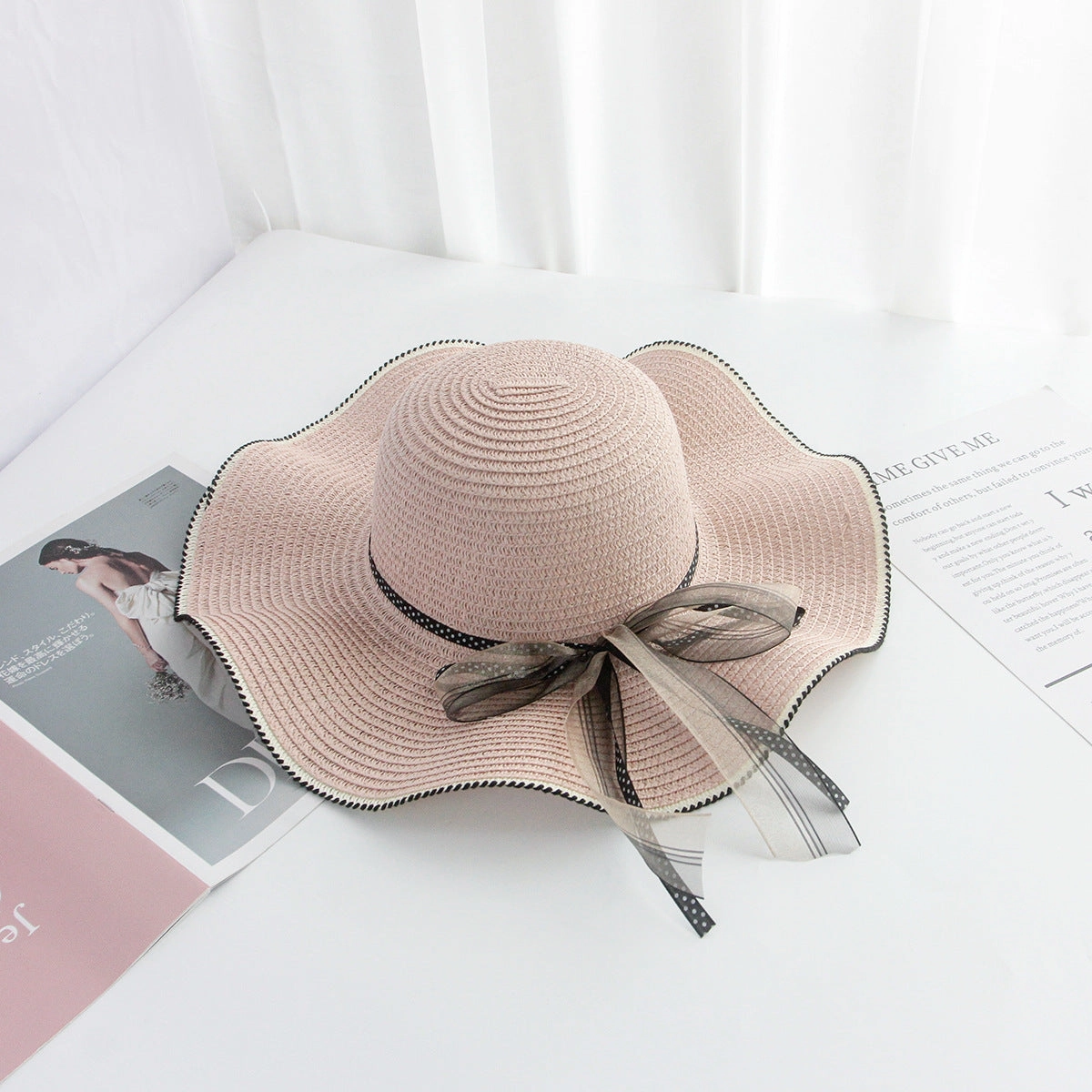 Korean Bow Wide Brim Straw Hat