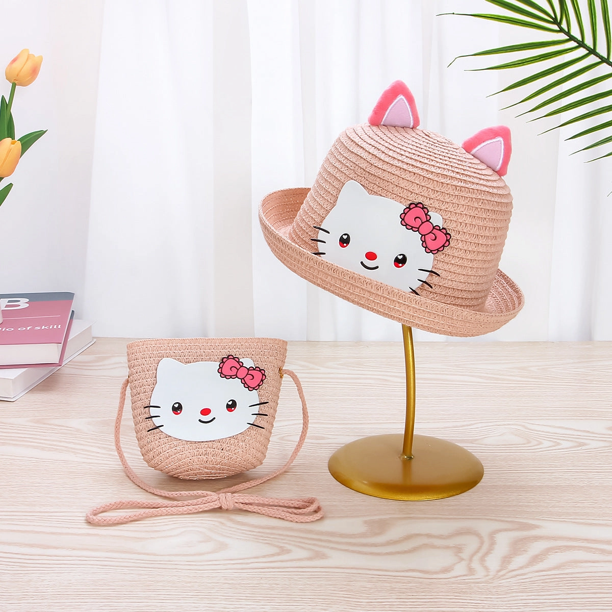Lace Bow Straw Hat Kids 2-Piece Set
